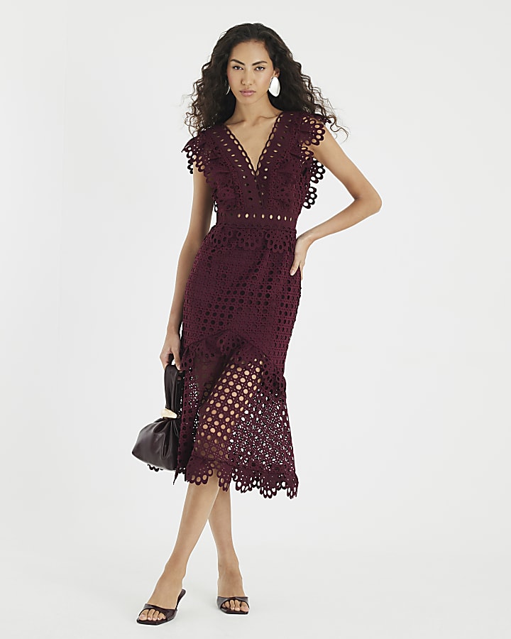 Purple Sleeveless Broderie Midi Dress