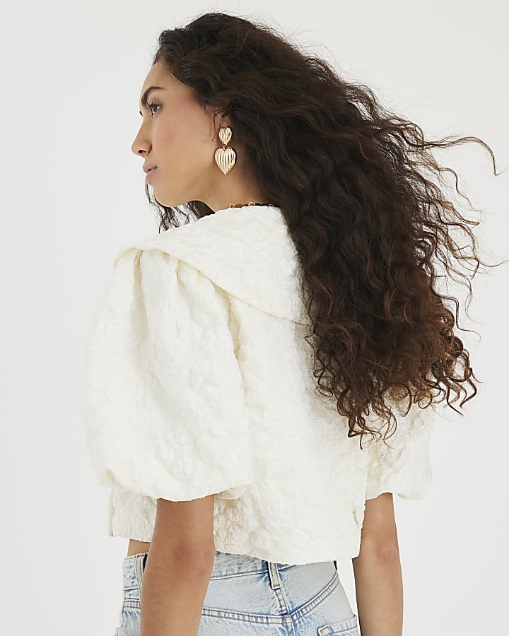 Cream Short Puff Sleeve Cropped Button Up Top
