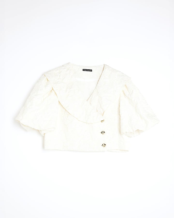 Cream Short Puff Sleeve Cropped Button Up Top