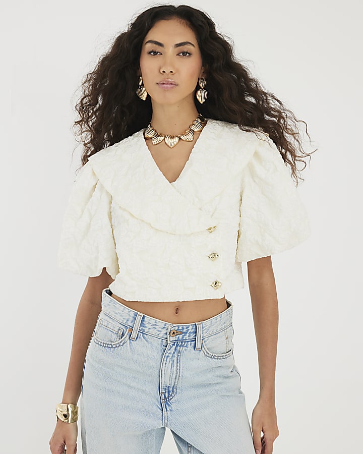 Cream Short Puff Sleeve Cropped Button Up Top