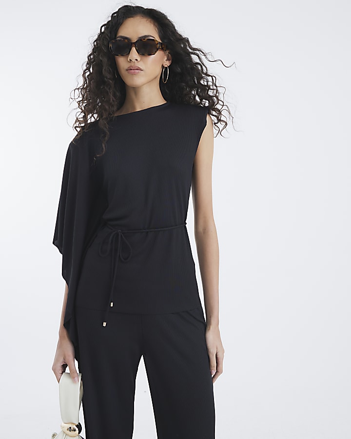 Black Cape Sleeve Ribbed Belted Top