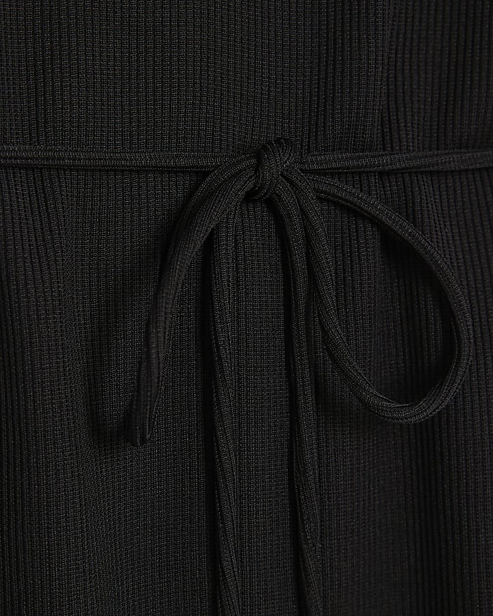 Black Cape Sleeve Ribbed Belted Top