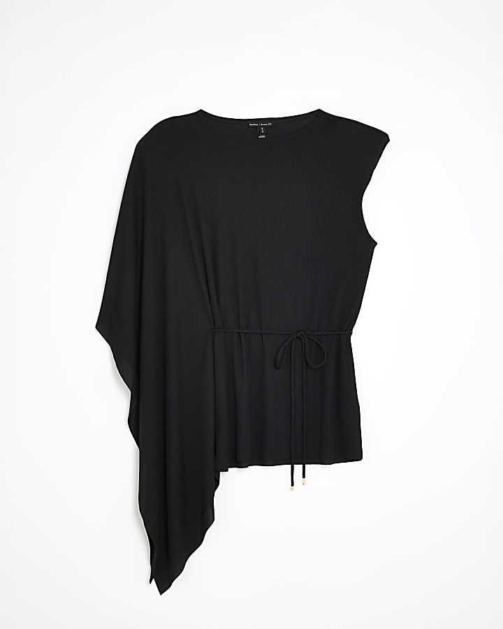 Black Cape Sleeve Ribbed Belted Top