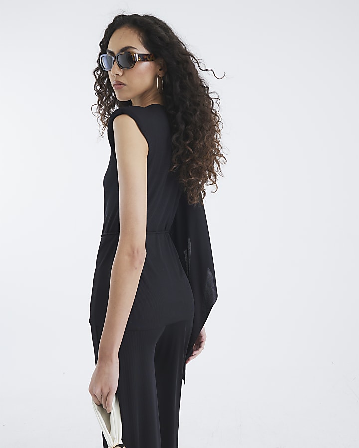 Black Cape Sleeve Ribbed Belted Top