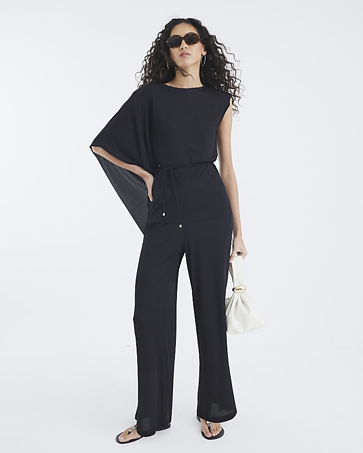 Black Cape Sleeve Ribbed Belted Top