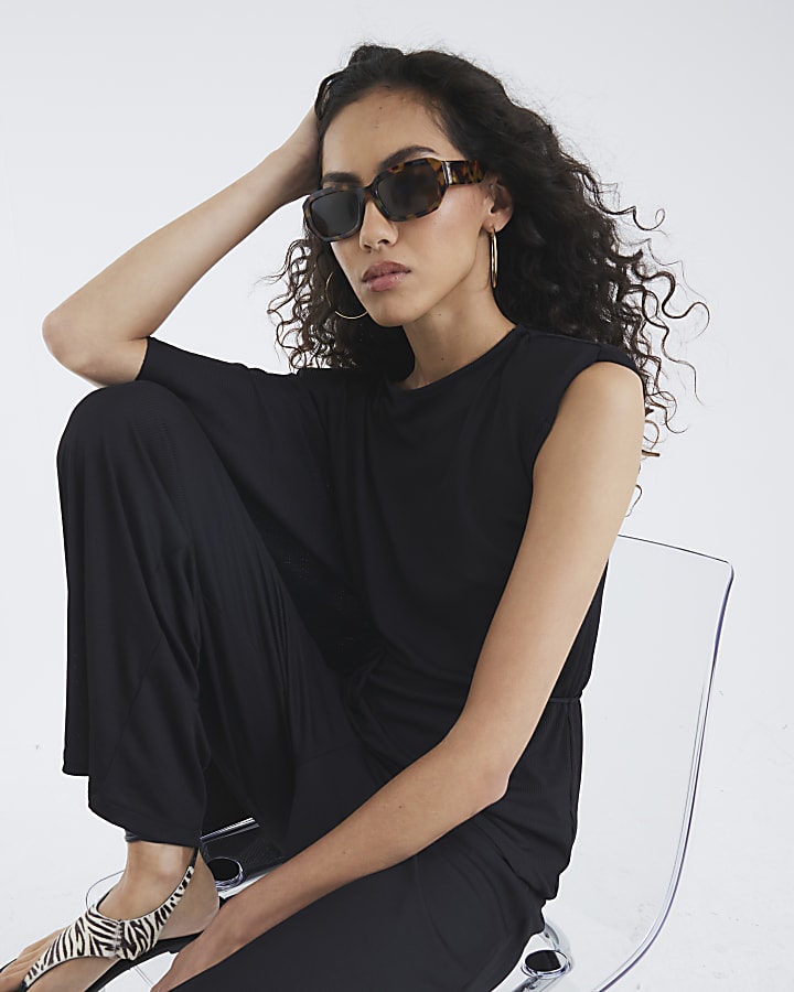 Black Ribbed Wide Leg Trousers