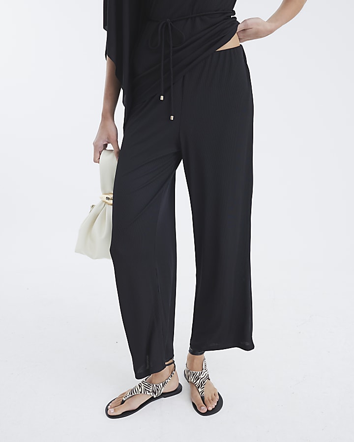 Black Ribbed Wide Leg Trousers