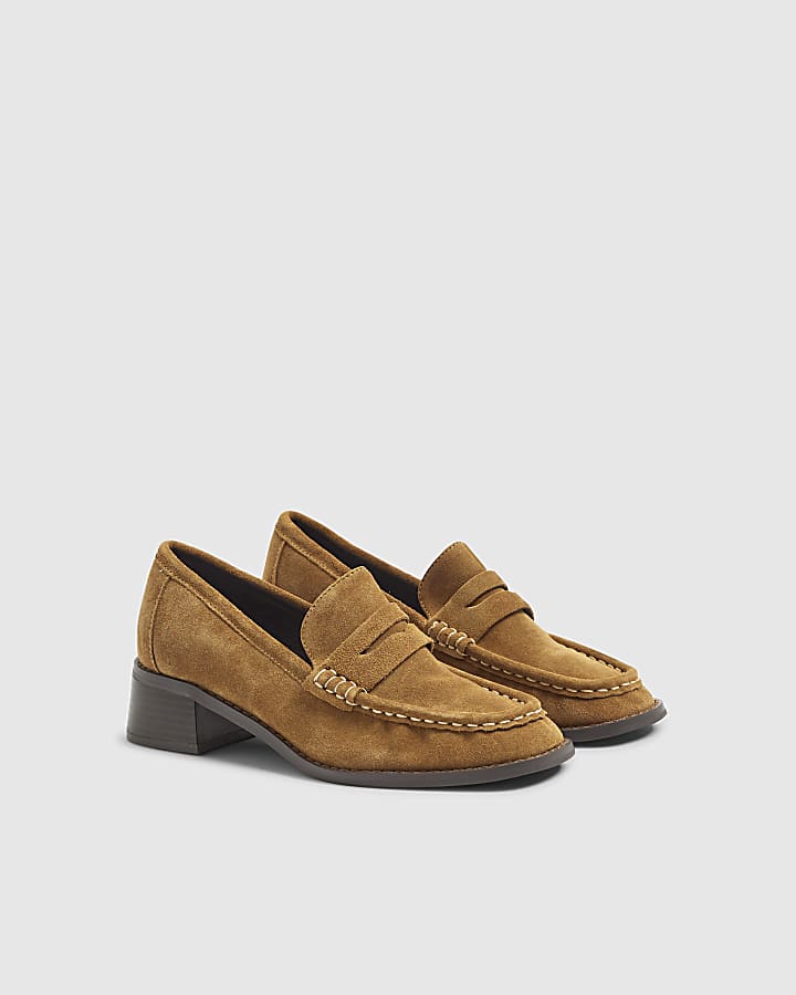 Brown Suede Heeled Loafers