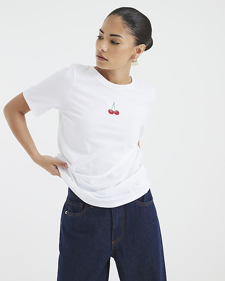 Petite White Embroidered Cherry T-Shirt
