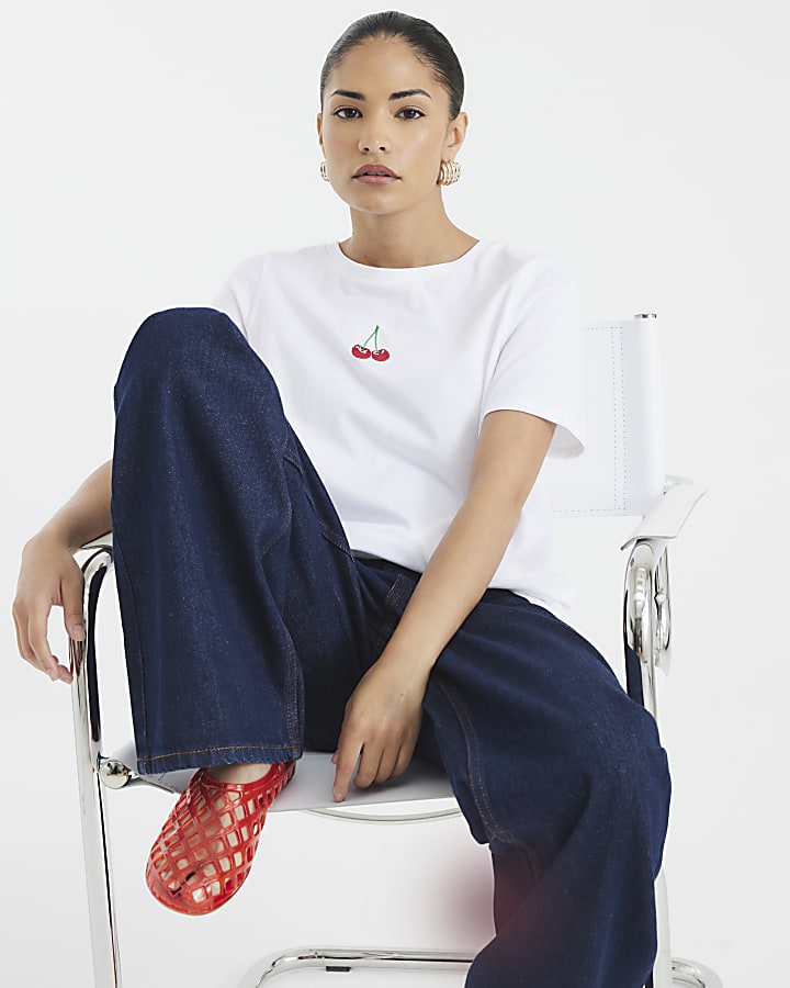 Petite White Embroidered Cherry T-Shirt