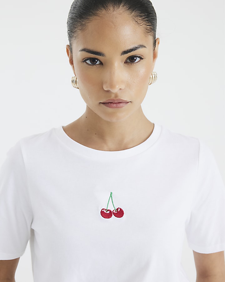 Petite White Embroidered Cherry T-Shirt