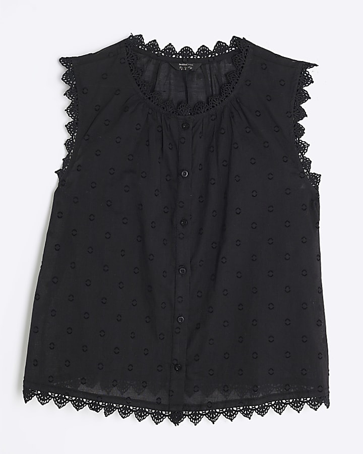 Black Sleeveless Broderie Blouse