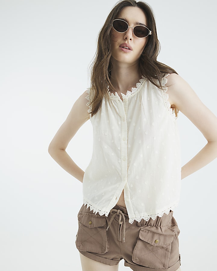 Cream Sleeveless Broderie Blouse