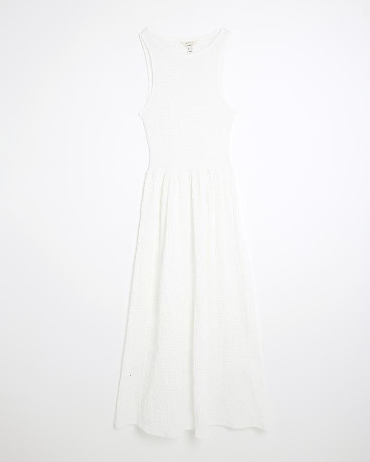 White Textured Sleeveless Shirred Midi Dress