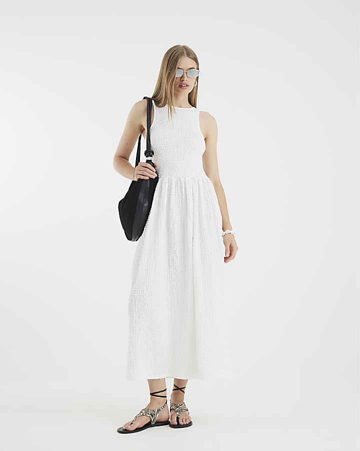 White Textured Sleeveless Shirred Midi Dress