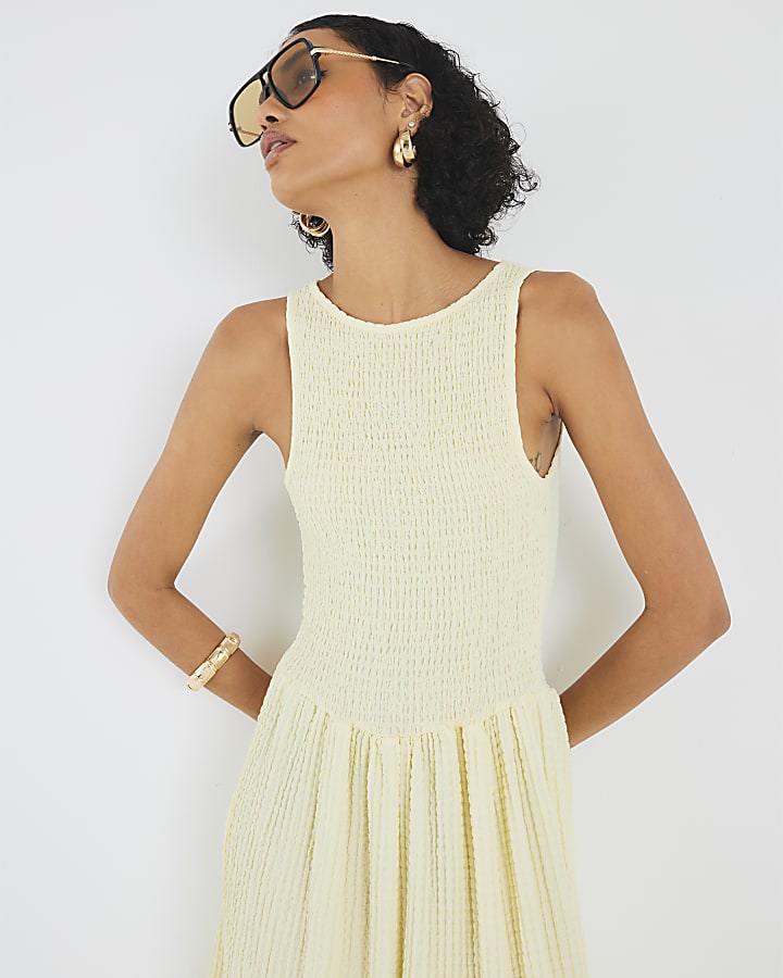 Yellow Textured Sleeveless Shirred Midi Dress