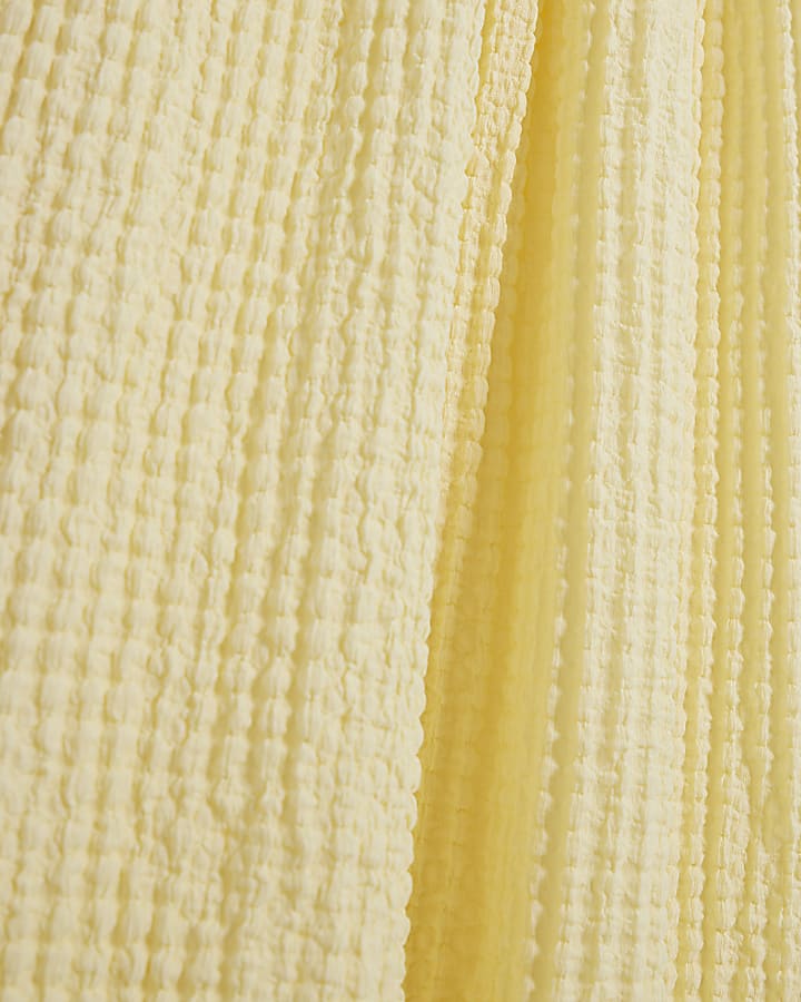 Yellow Textured Sleeveless Shirred Midi Dress