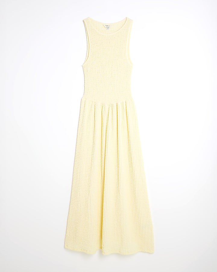 Yellow Textured Sleeveless Shirred Midi Dress