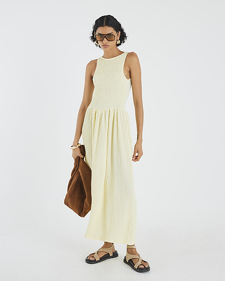Yellow Textured Sleeveless Shirred Midi Dress