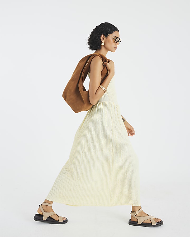 Yellow Textured Sleeveless Shirred Midi Dress
