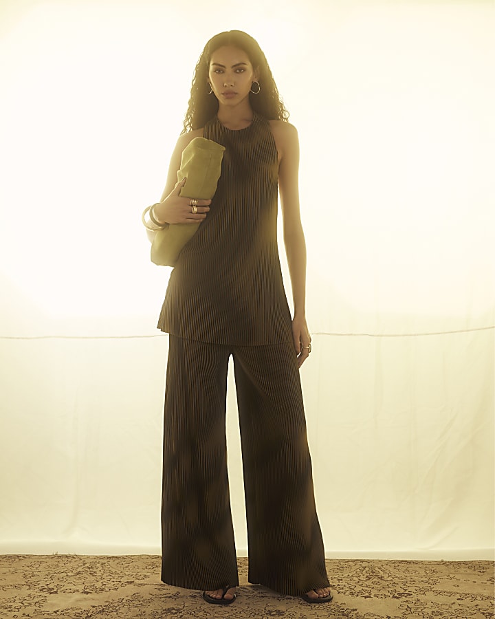 Green Plisse Wide Leg Trousers