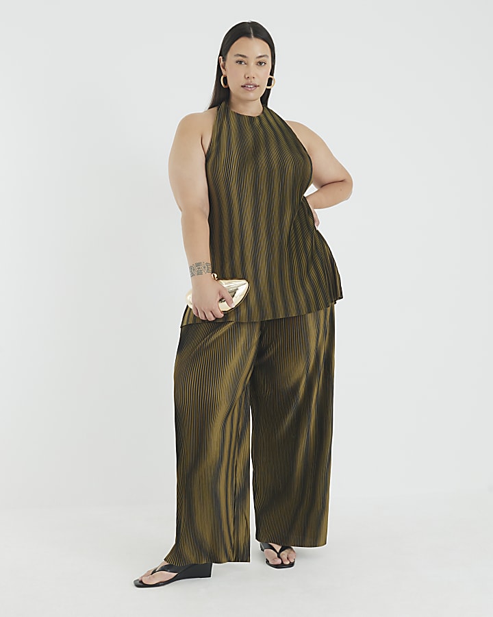 Green Plisse Wide Leg Trousers