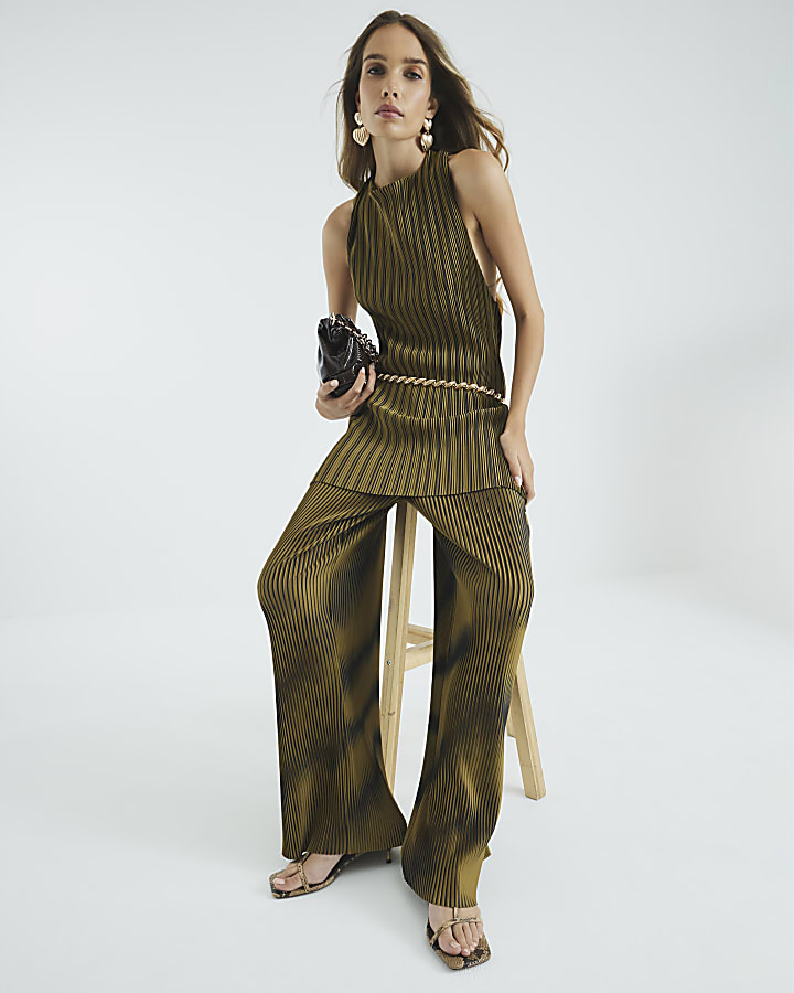 Green Plisse Wide Leg Trousers
