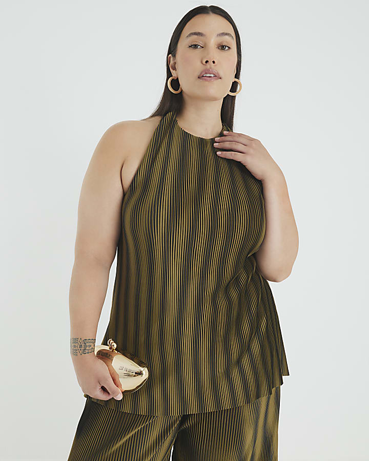 Green Plisse Sleeveless Halter Neck Top