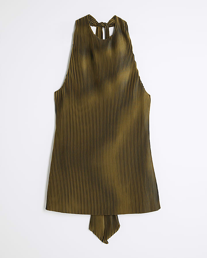 Green Plisse Sleeveless Halter Neck Top