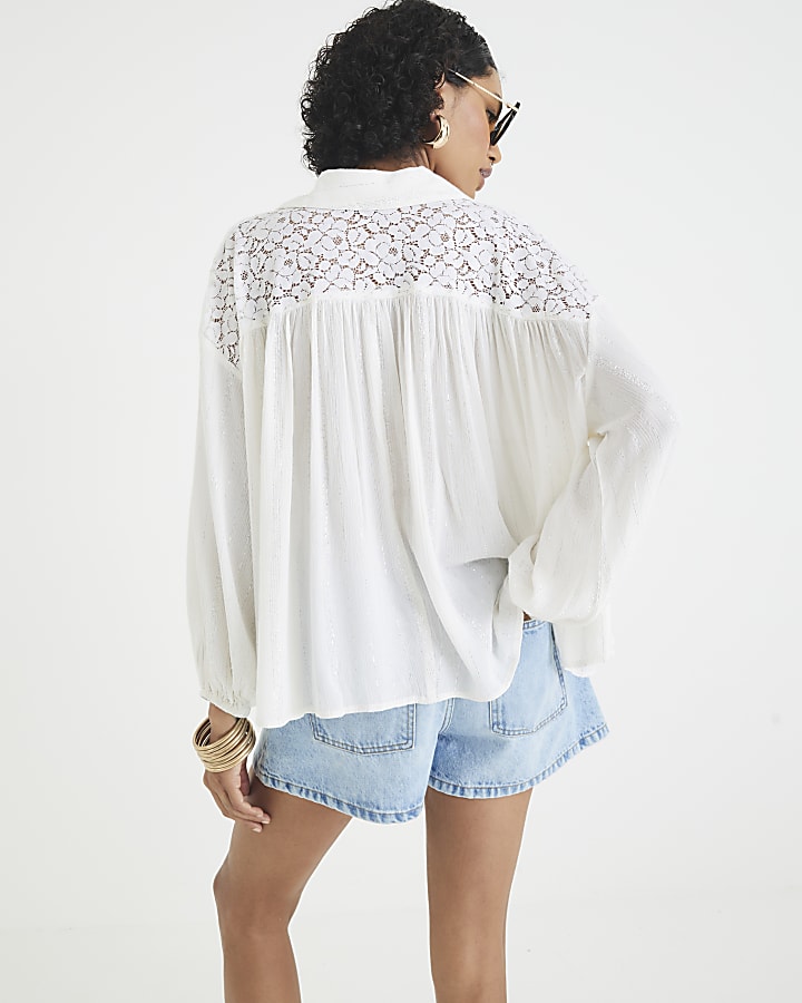 Cream Lace Mix Long Sleeve Shirt