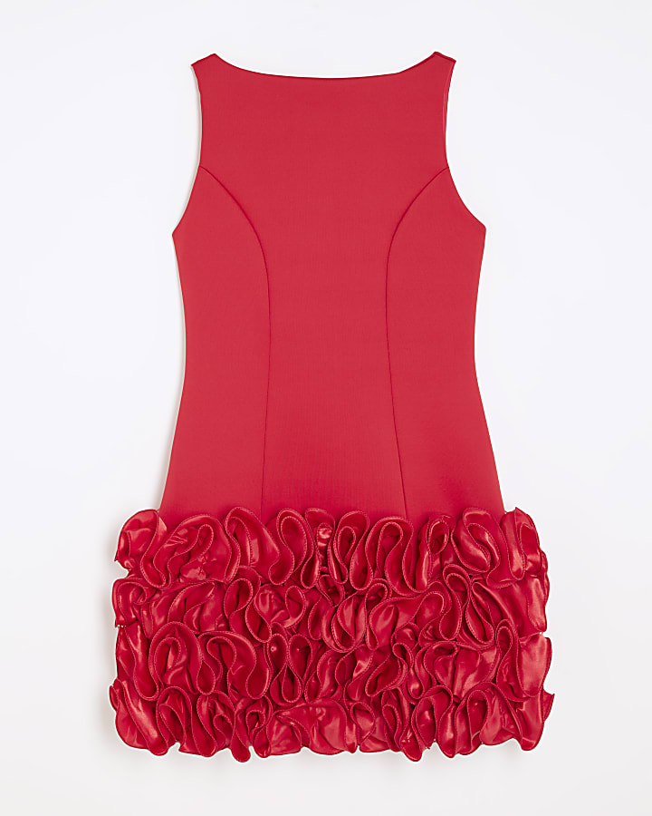 Red Sleeveless 3D Floral Hem Mini Dress