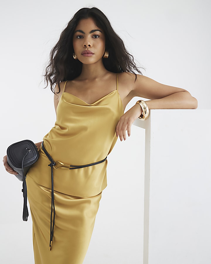 Gold Satin Cowl Neck Cami Top