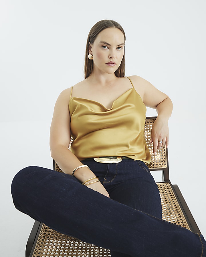 Gold Satin Cowl Neck Cami Top