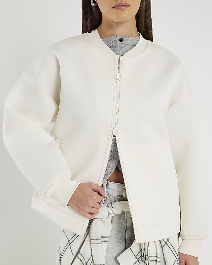 Beige Neoprene Long Sleeve Zip Jacket