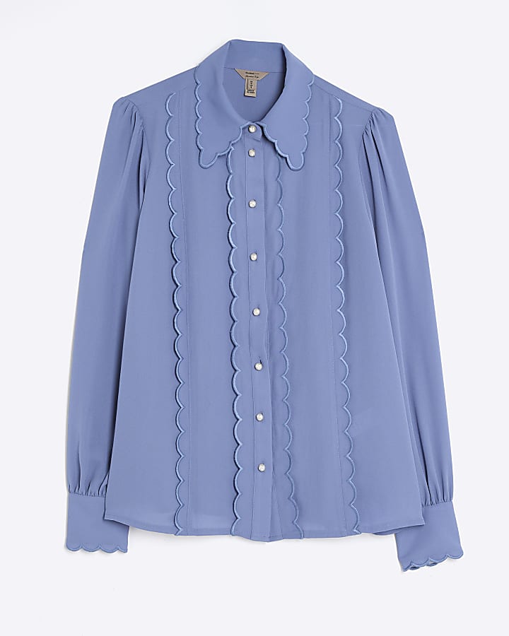 Blue Chiffon Scallop Trim Shirt