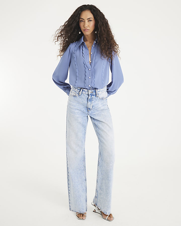 Blue Chiffon Scallop Trim Shirt