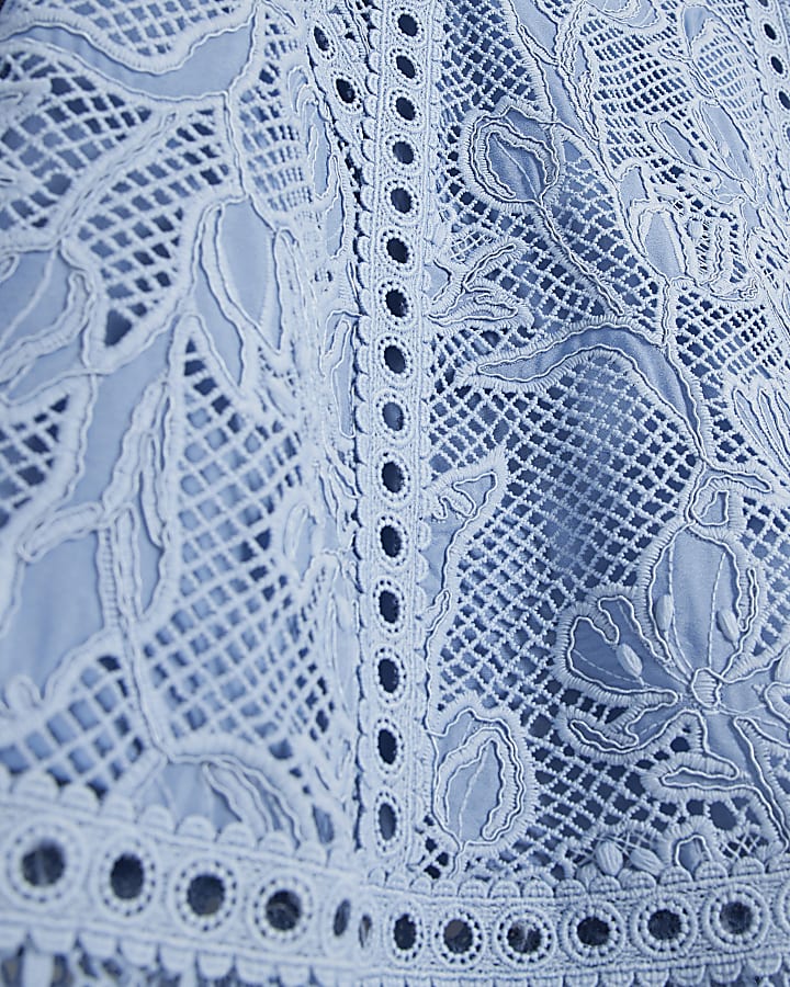 Blue Long Sleeve Lace Detail Mini Shift Dress