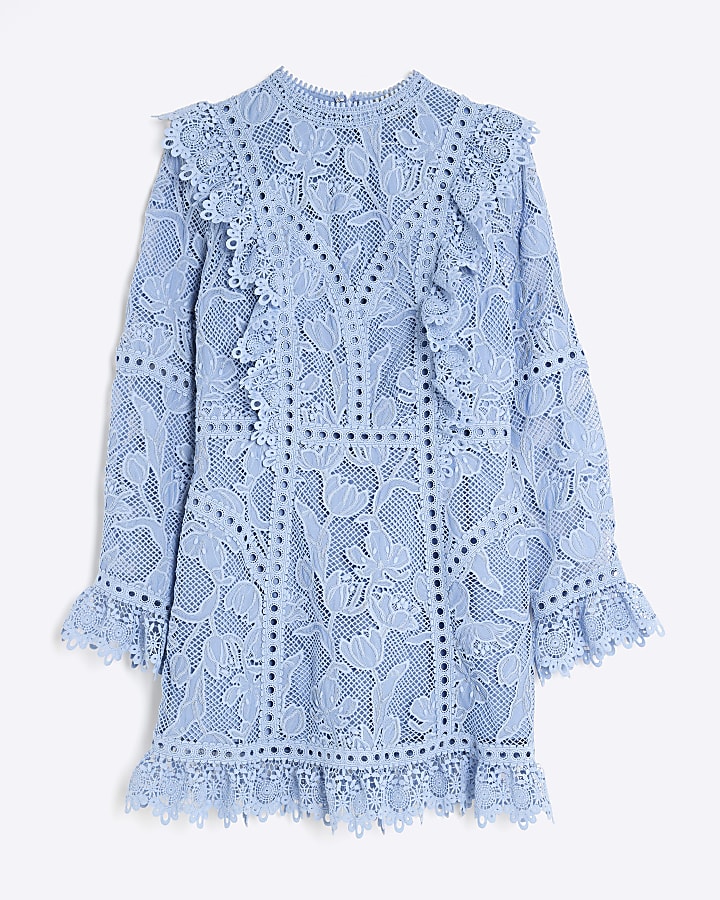Blue Long Sleeve Lace Detail Mini Shift Dress