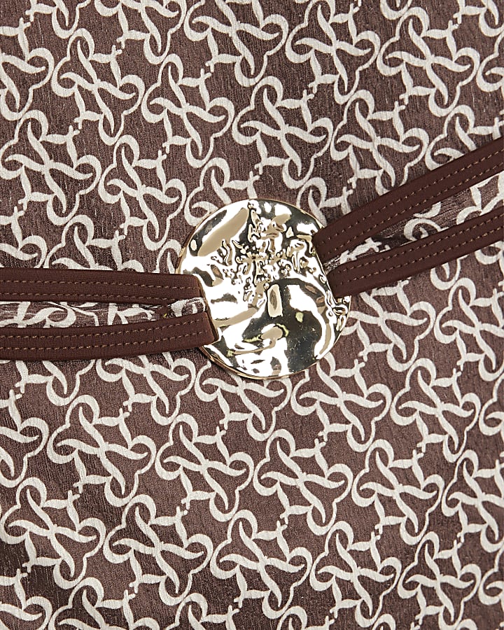 Brown Belted Monogram Print Swimsuit