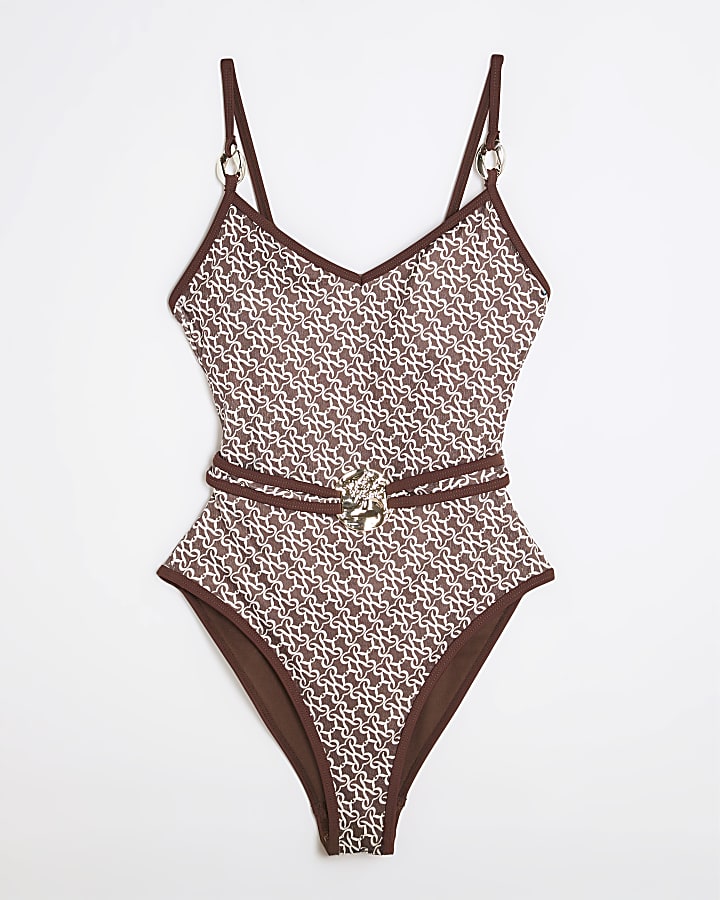 Brown Belted Monogram Print Swimsuit