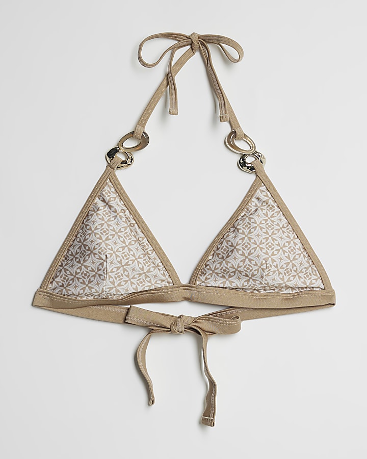 Beige Geometric Print Bikini Top