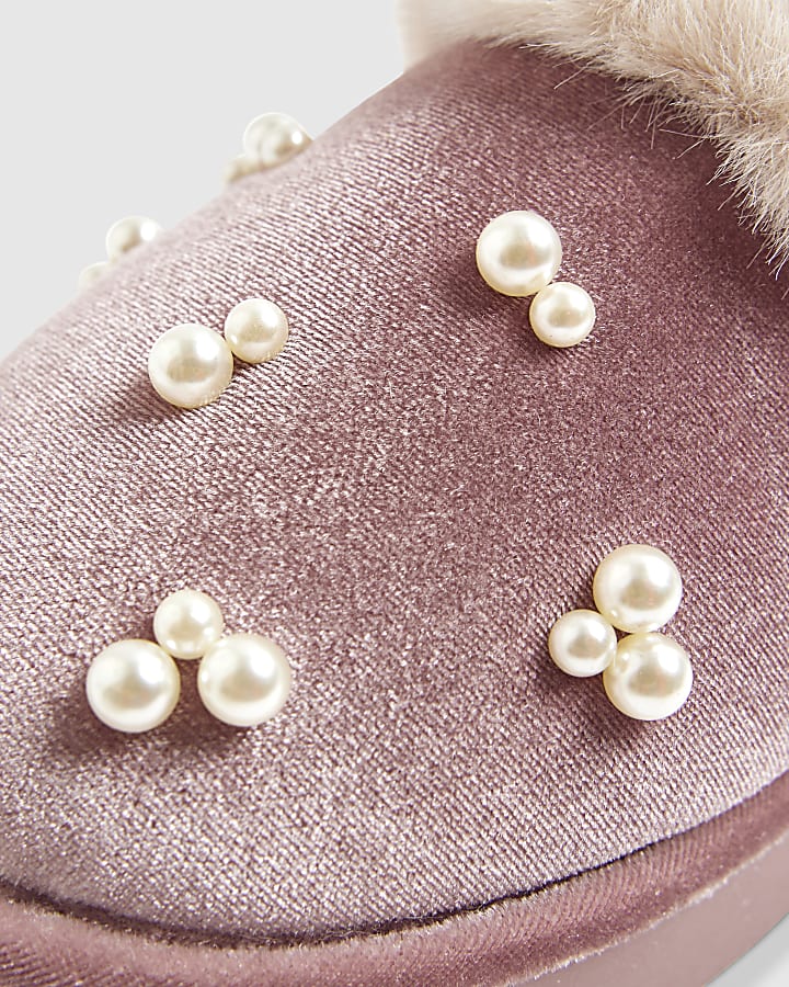 Pink Velvet Mule Embellished Slippers