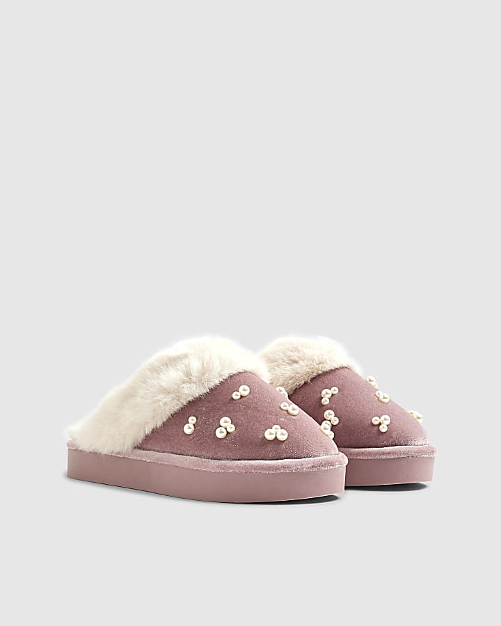Pink Velvet Mule Embellished Slippers
