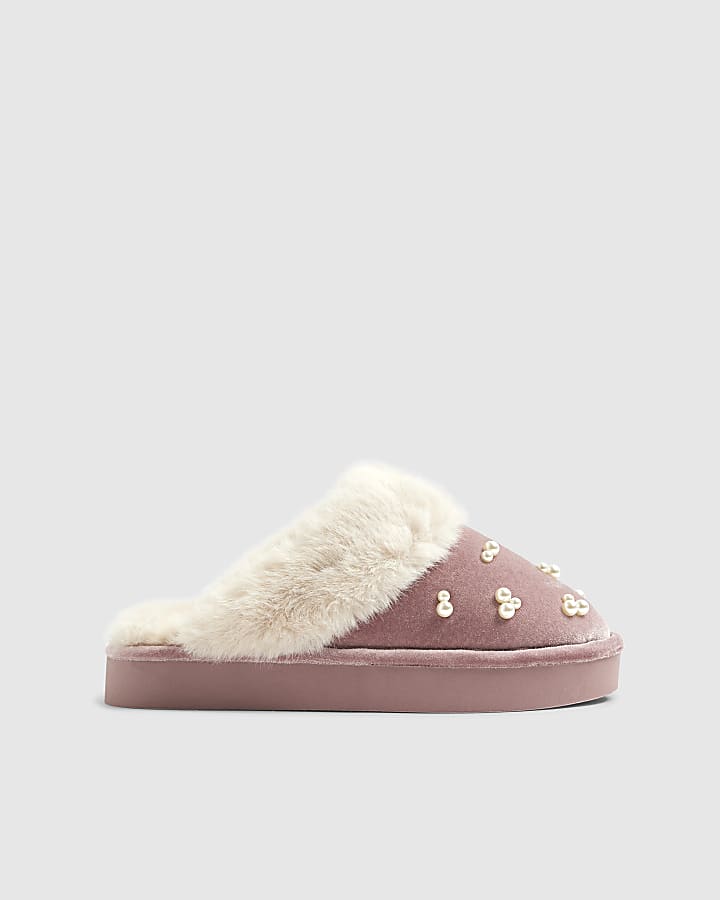 Pink Velvet Mule Embellished Slippers