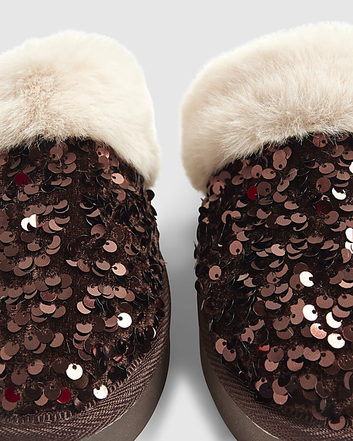 Brown Sequin Mule Slippers