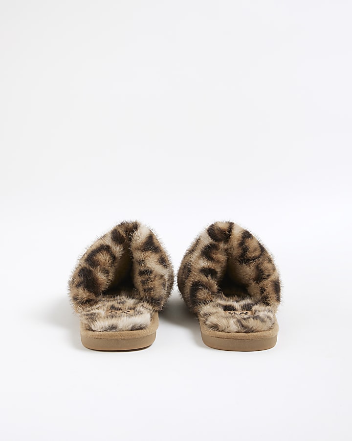 Brown Leopard Print Faux Fur Mule Slippers