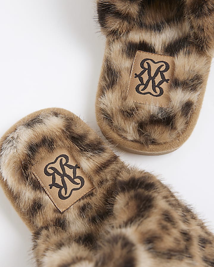 Brown Leopard Print Faux Fur Mule Slippers