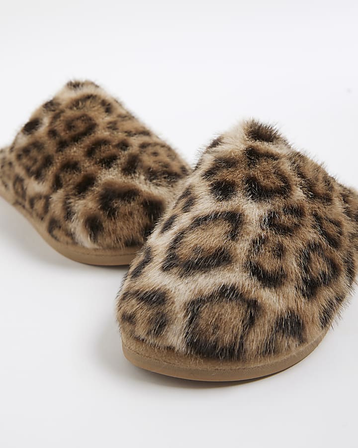 Brown Leopard Print Faux Fur Mule Slippers