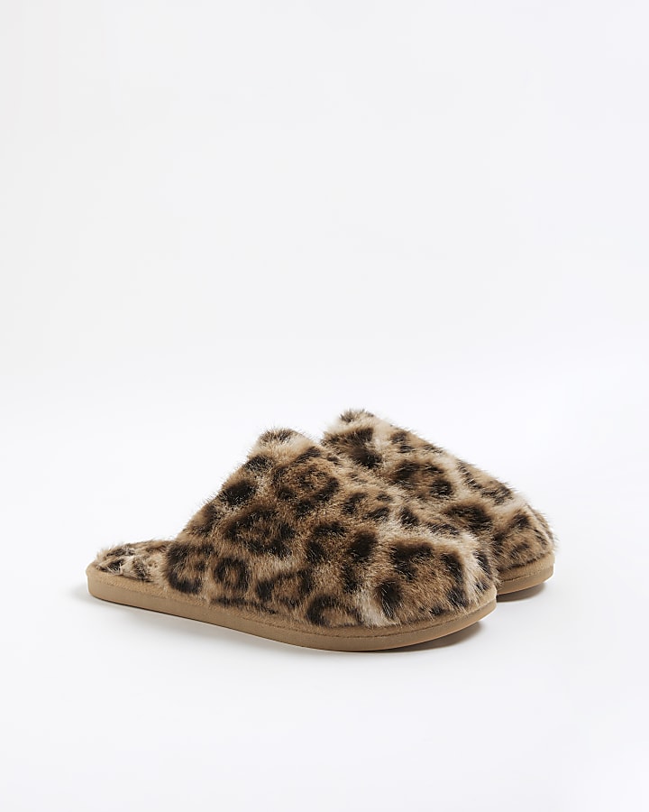 Brown Leopard Print Faux Fur Mule Slippers