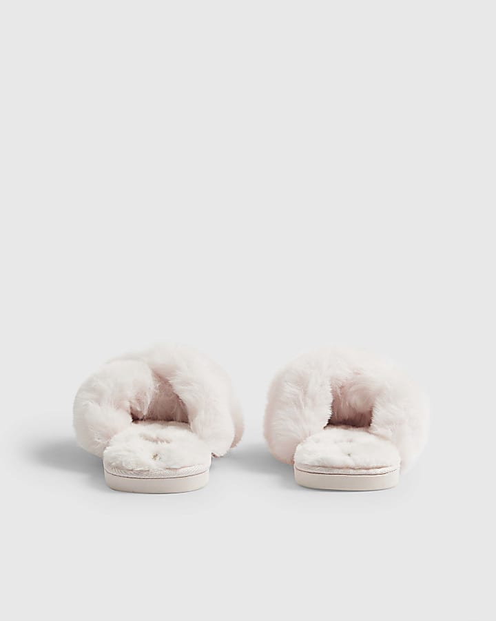 Pink Faux Fur Cross Strap Slippers